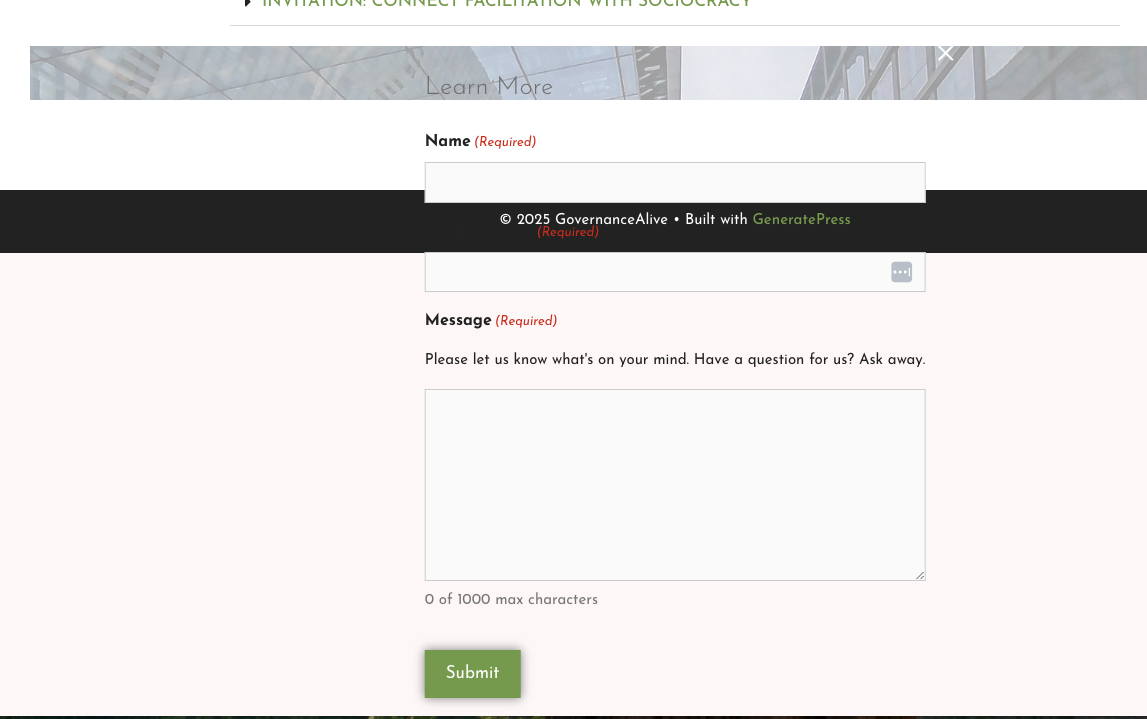 Screenshot of a webpage with a contact form that includes fields for name and message, a black header bar with text, and a green 'Submit' button at the bottom.