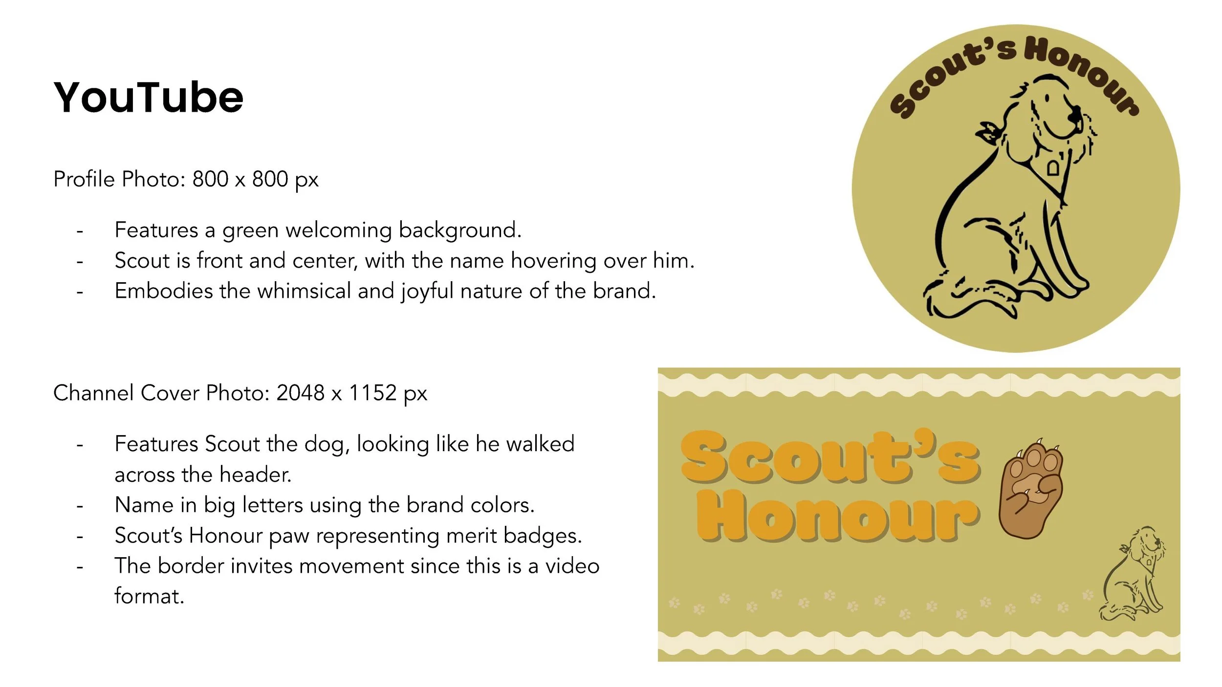 An information sheet about a YouTube channel featuring a green background, Scout the dog, and a badge with Scout's Honor written on it.
