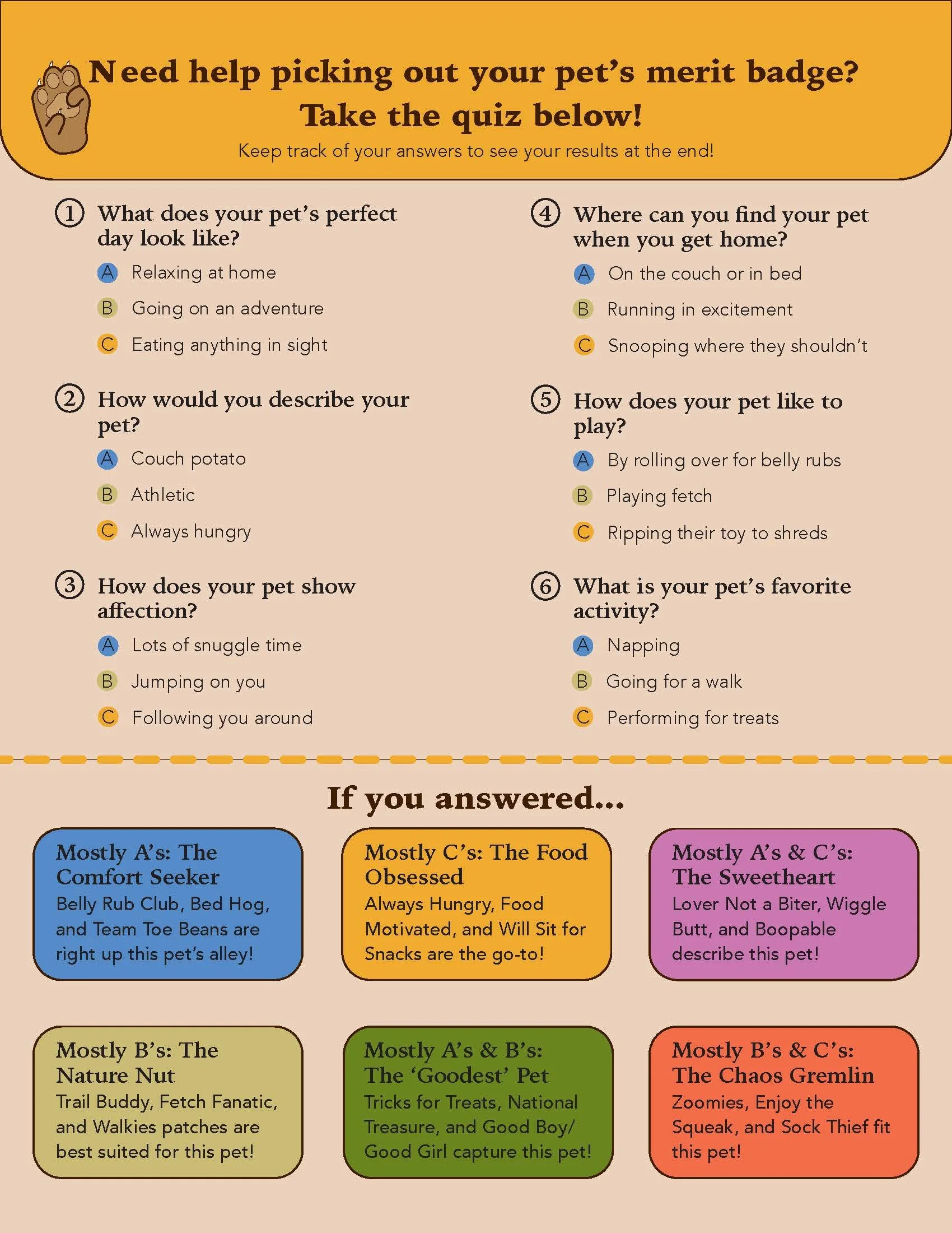 Pet merit badge quiz with questions and multiple-choice answers about pet owners' preferences and pet behaviors, organized in colored boxes with instructions and result categories.
