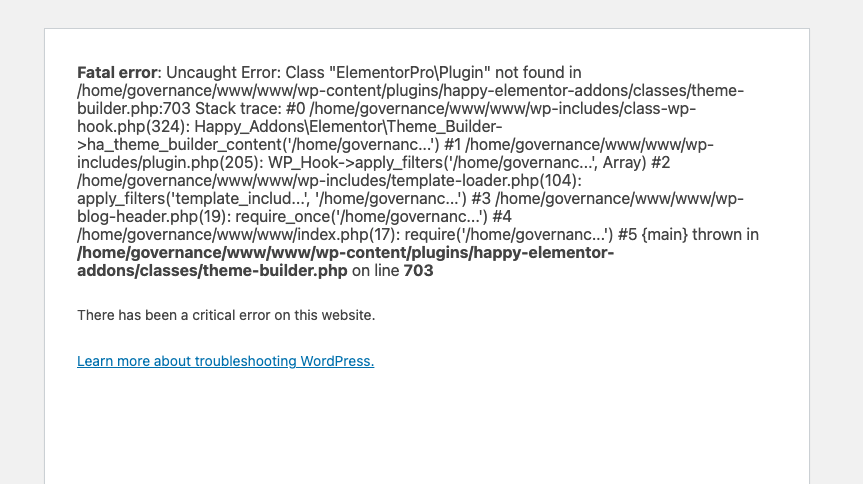 A webpage displaying a WordPress critical error message indicating a missing class in a PHP plugin file.