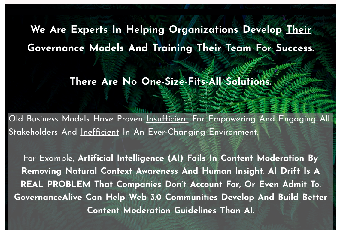 Text overlay on a background of green fern leaves discussing organizational development, governance models, and the limitations of AI in content moderation.
