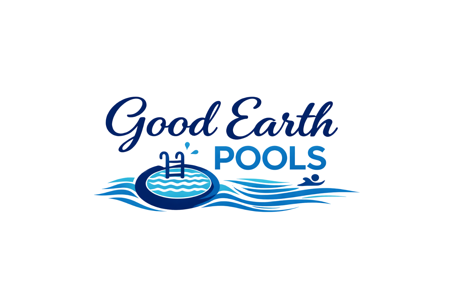 Graphic with text 'Good Earth Pools' and an icon of a swimming pool with water lines, in shades of blue