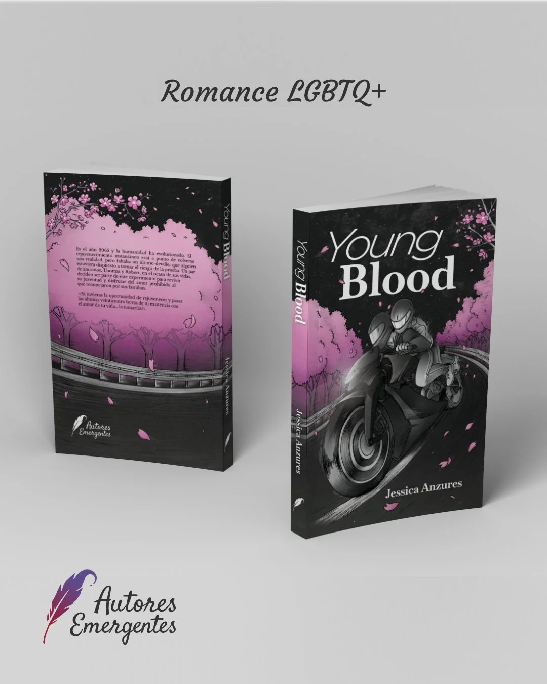 Libro "Young Blood" de Jessica Anzures, con ilustraciones en tonos negros, grises y rosa, y decoración de árboles en la portada.