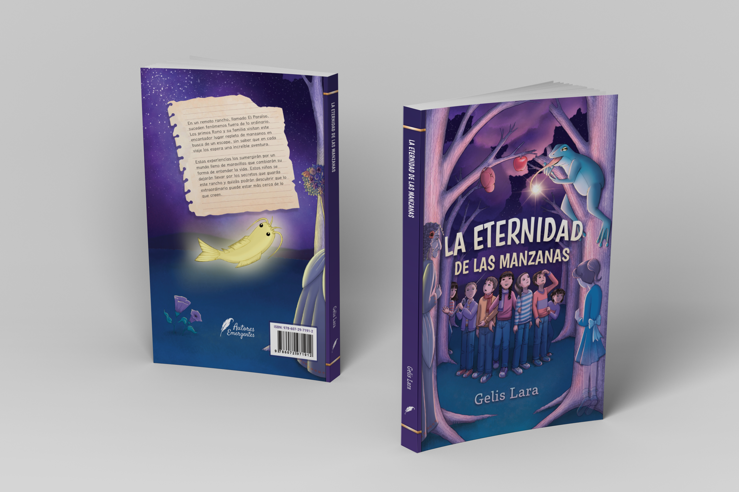 Portada del libro "La eternidad de las manzanas" de Gelis Lara, con ilustración de niños en un bosque y una tortuga que lanza una linterna en el cielo, y la contraportada con una criatura luminosa en un paisaje nocturno con estrellas.