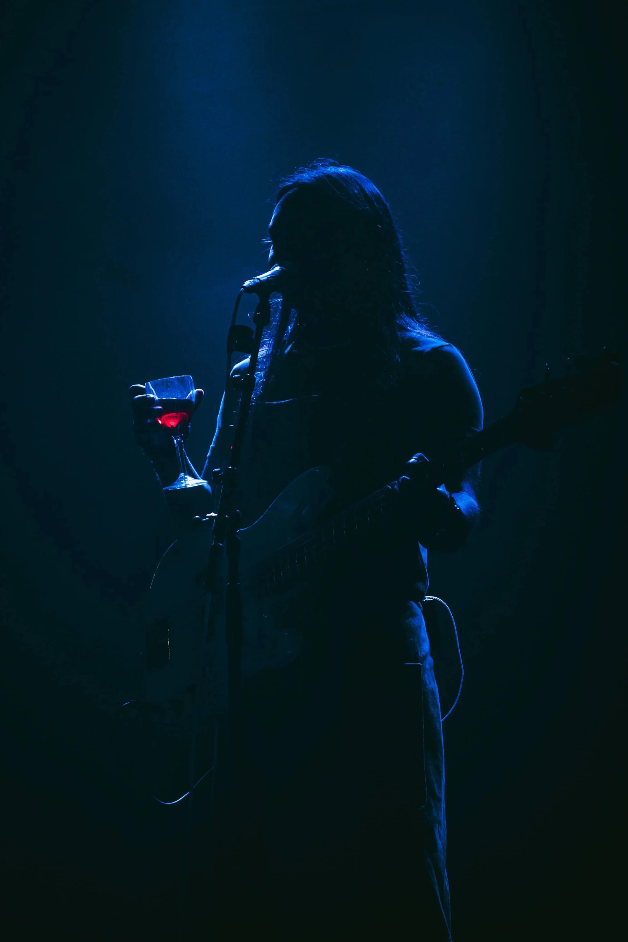 Silhouette of Timi Temple holding a glass of red wine and a guitar, singing into a microphone on stage with blue lighting.