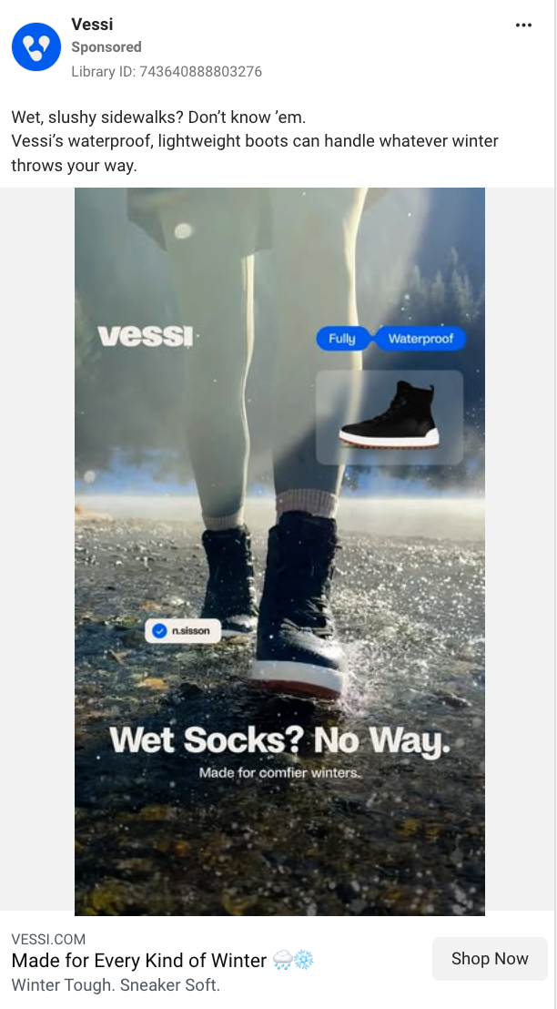 Image of person walking on wet sidewalk wearing waterproof boots, with water splashing around their feet, promoting Vessi waterproof snow boots.