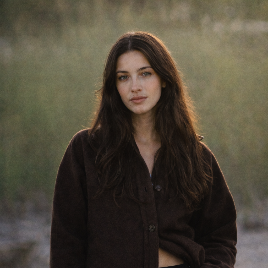 A young woman with long, wavy brown hair and light skin outdoors during sunset or golden hour, wearing a dark brown jacket.