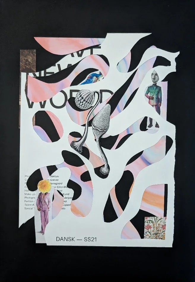 Mixed media collage featuring cut-out shapes, black and white drawings of nature and people, and snippets of text and images, all layered on a dark background.