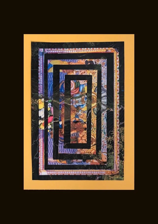 A vertical analogue collage piece, with a dark forest background and a top image cut as layered rectangles, with a yellow border and black background.