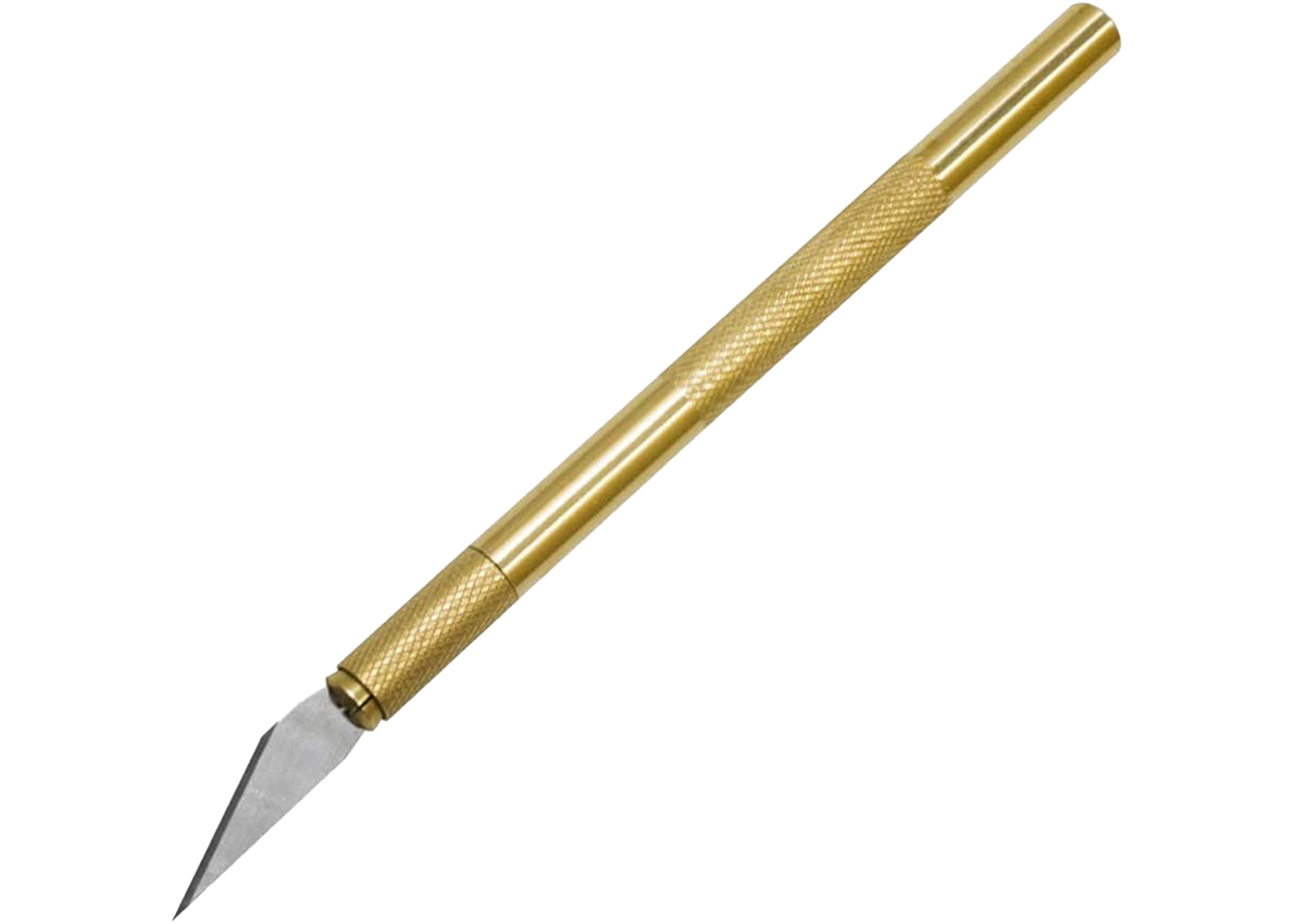 A gold handle with a textured grip and a curved blade, likely a craft knife, resting on a black surface.