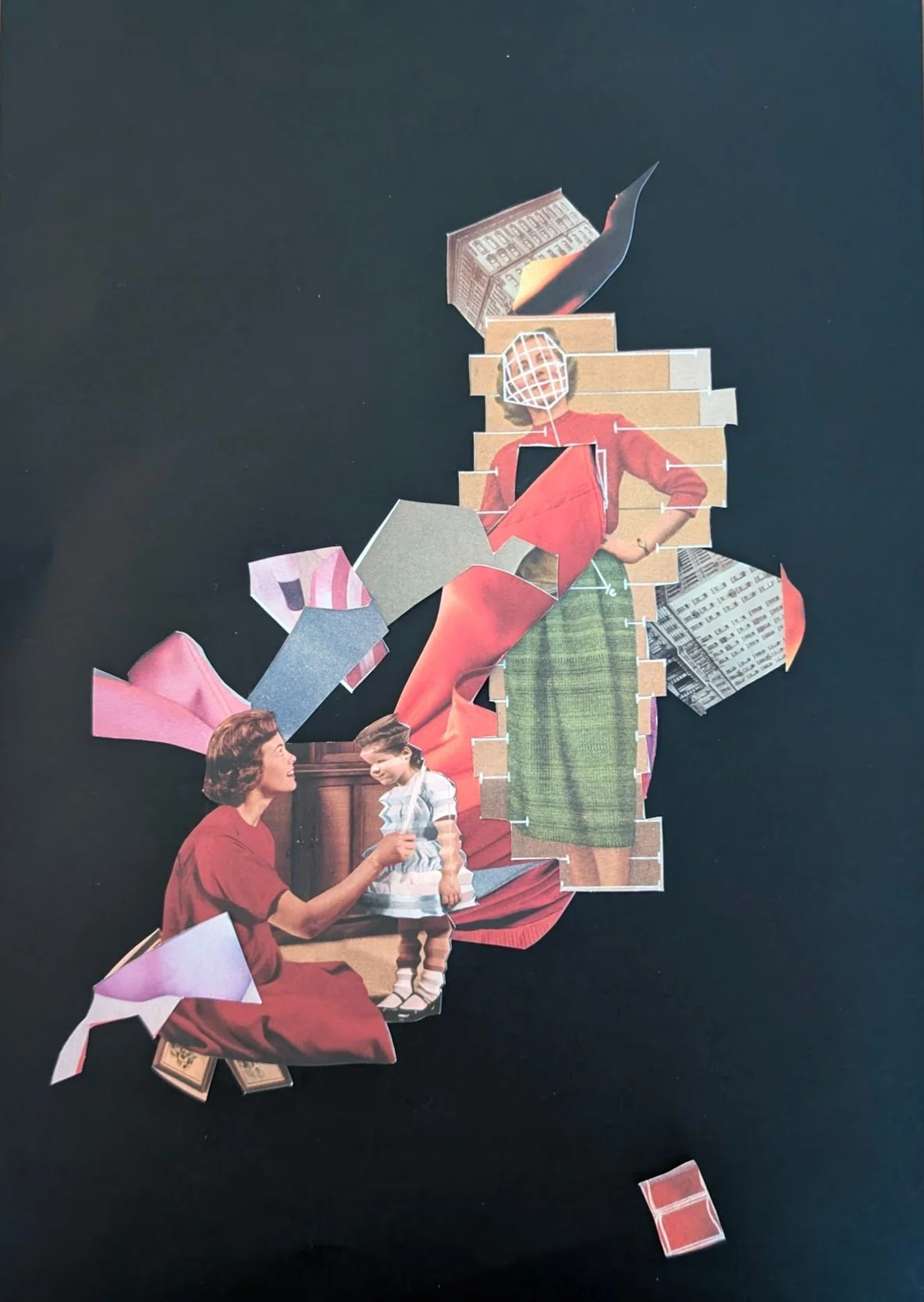 Collage featuring vintage-style images of women and children, with layered paper elements and buildings in the background, on a black background.