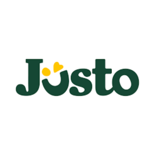 Logotipo de la marca 'Justo' en letras verdes con detalles en amarillo.