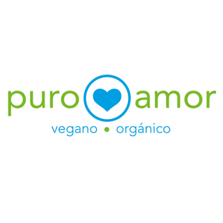 Logotipo con la frase 'puro amor', palabras 'vegano' y 'orgánico' debajo, y un corazón azul en el centro.
