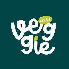 Logotipo de Veggie Deli en fondo verde oscuro.