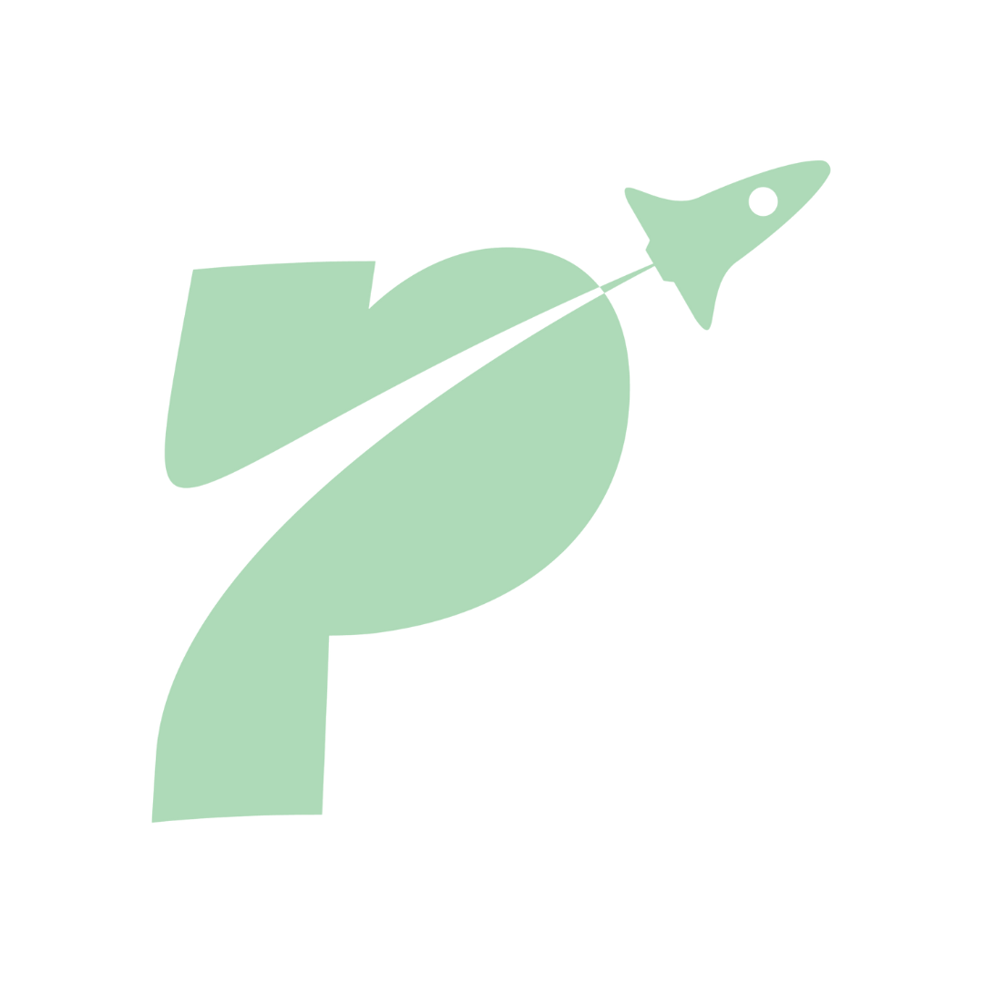 Logotipo de una mano sosteniendo un lápiz que forma una flecha, con una forma de planeta y un cohete en color verde claro.