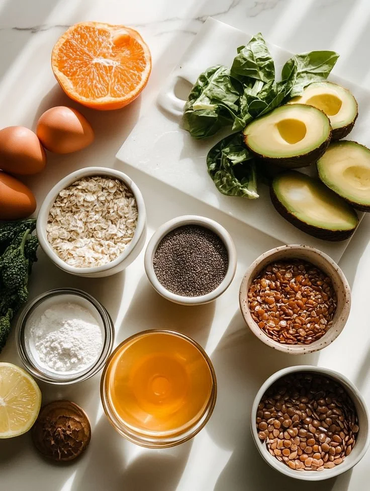 Ingredientes que incluyen un aguacate partido, una naranja, huevos, avena, semillas, miel, limón, una hoja de espinaca, y diferentes semillas en recipientes pequeños