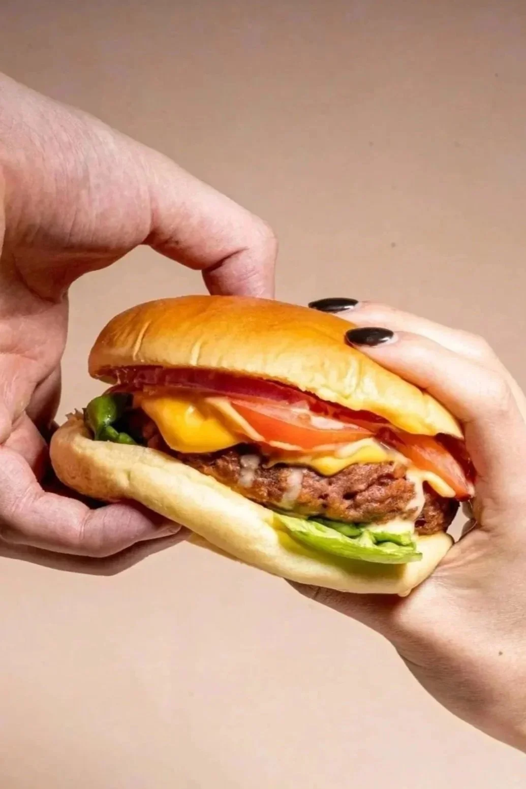 Una mano sostiene una hamburguesa con carne plant based, tomate, lechuga, queso y pan. Otra mano sostiene la parte superior del pan, formando un sándwich completo.