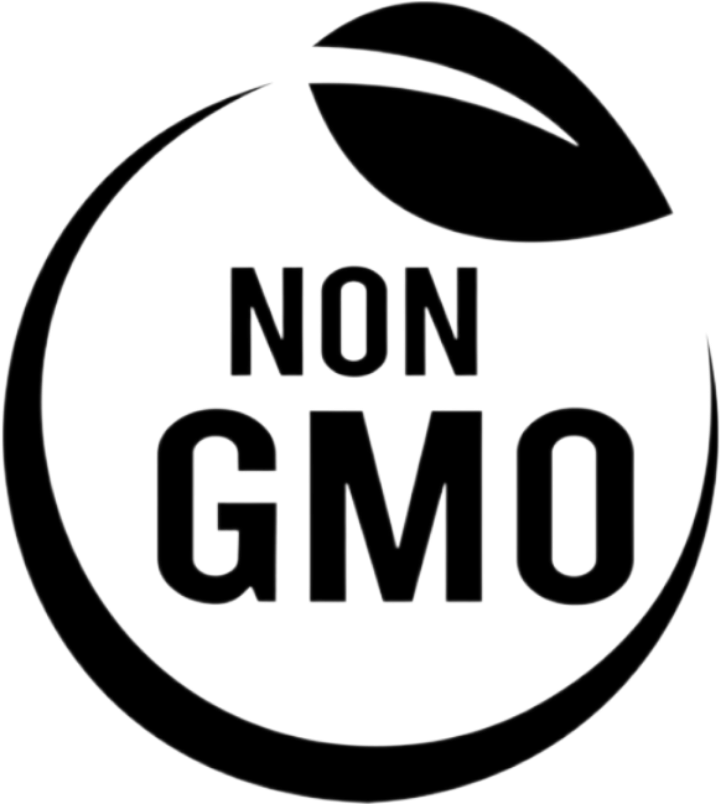 Logotipo negro y blanco que dice 'NON GMO' con hojas y una rama decorativa.
