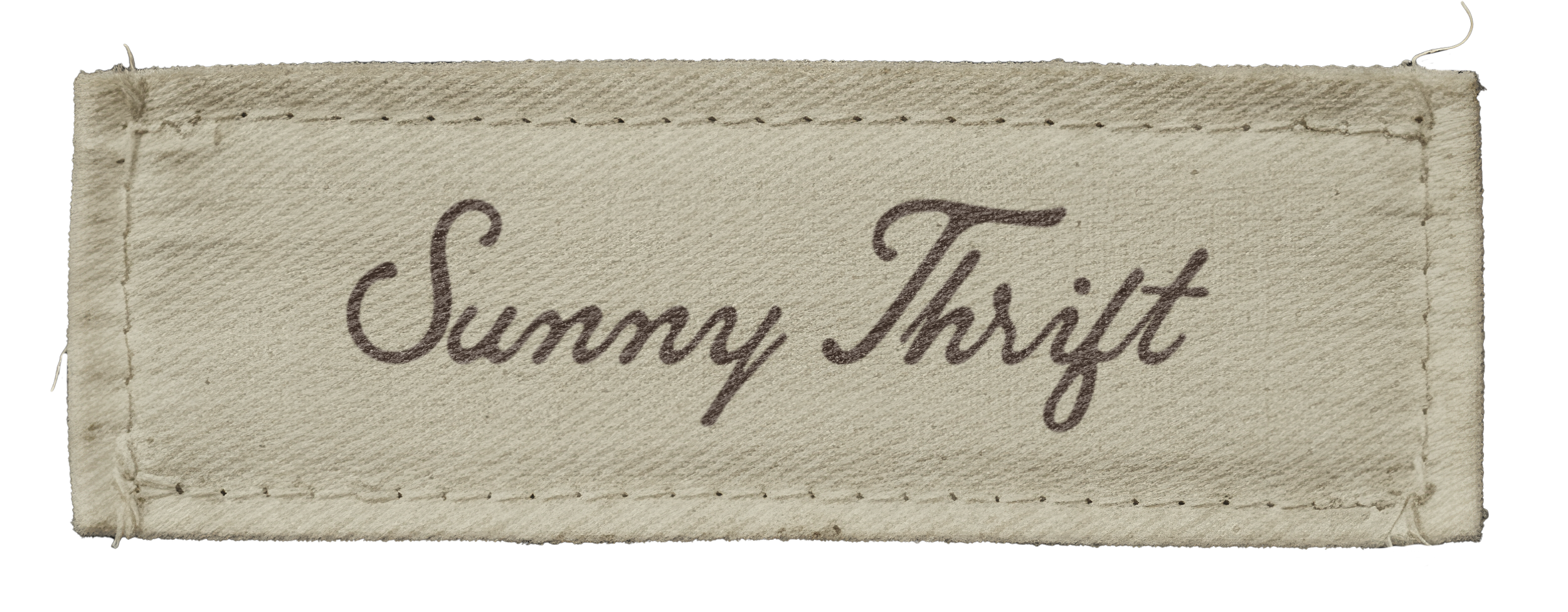 A beige fabric label with stitched edges, embroidered with the words "Sunny Shirt" in cursive purple thread.