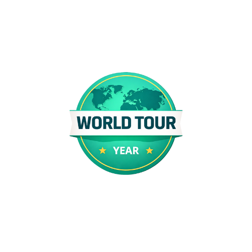 Logo for World Tour Year, stars, and a ribbon banner reading 'WORLD TOUR' and 'YEAR'. Made for Indie and DIY music artists