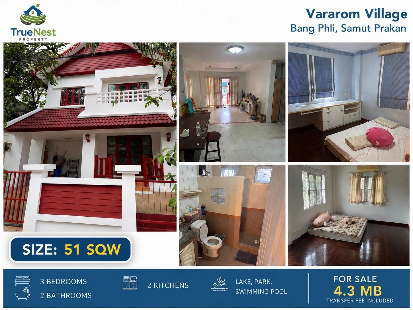 51 sq wah | 3 bedrooms | 2 bathrooms | 2 kitchens | 1 car parking | Asking THB 4.3m
