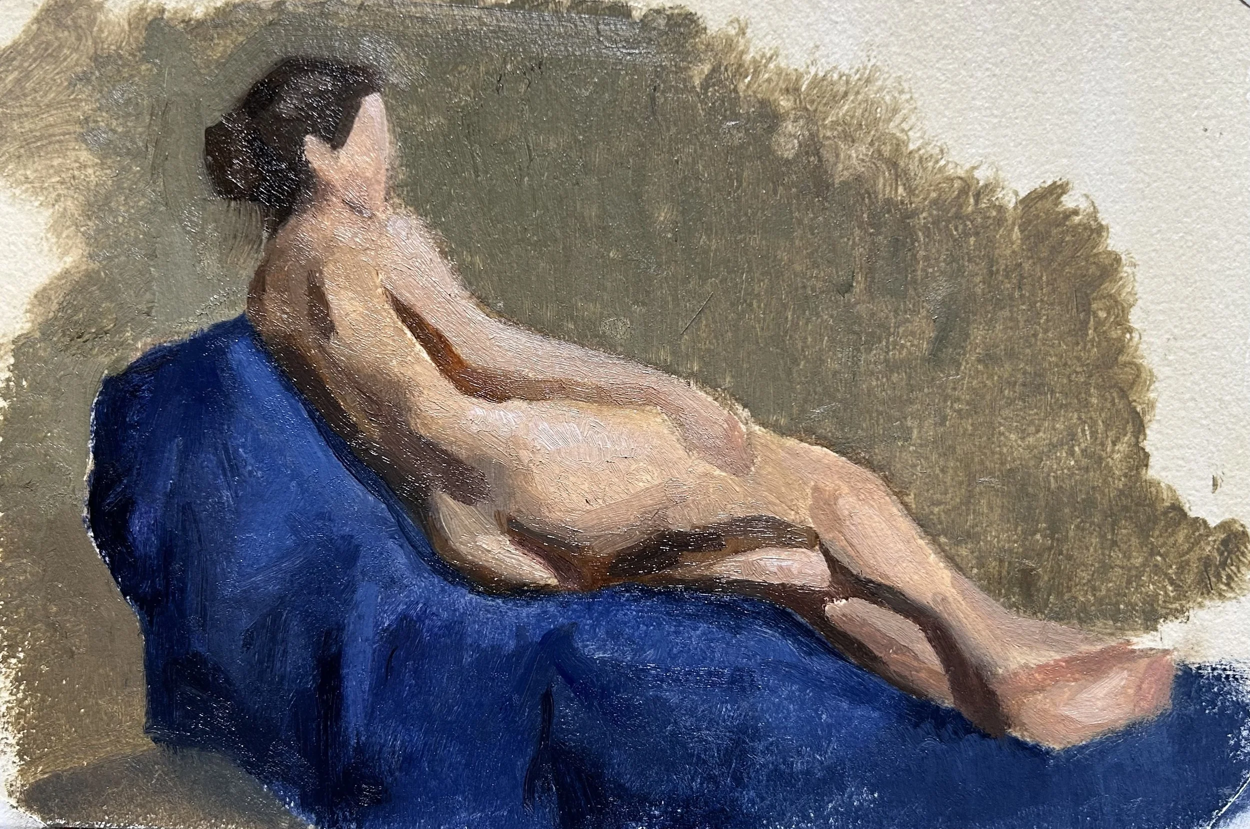 Color Study of Maria in Cad Red, oil on paper, 6 x 8”, 2025