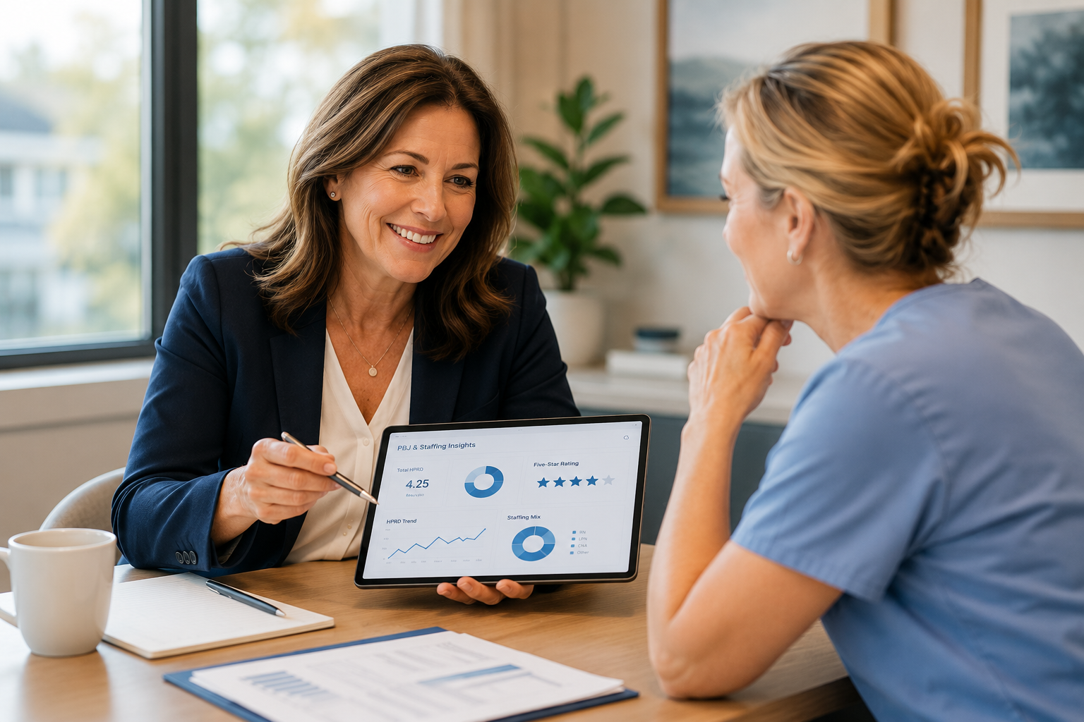 Two women having a discussion in an office, with one showing data on a tablet, including charts and graphs.