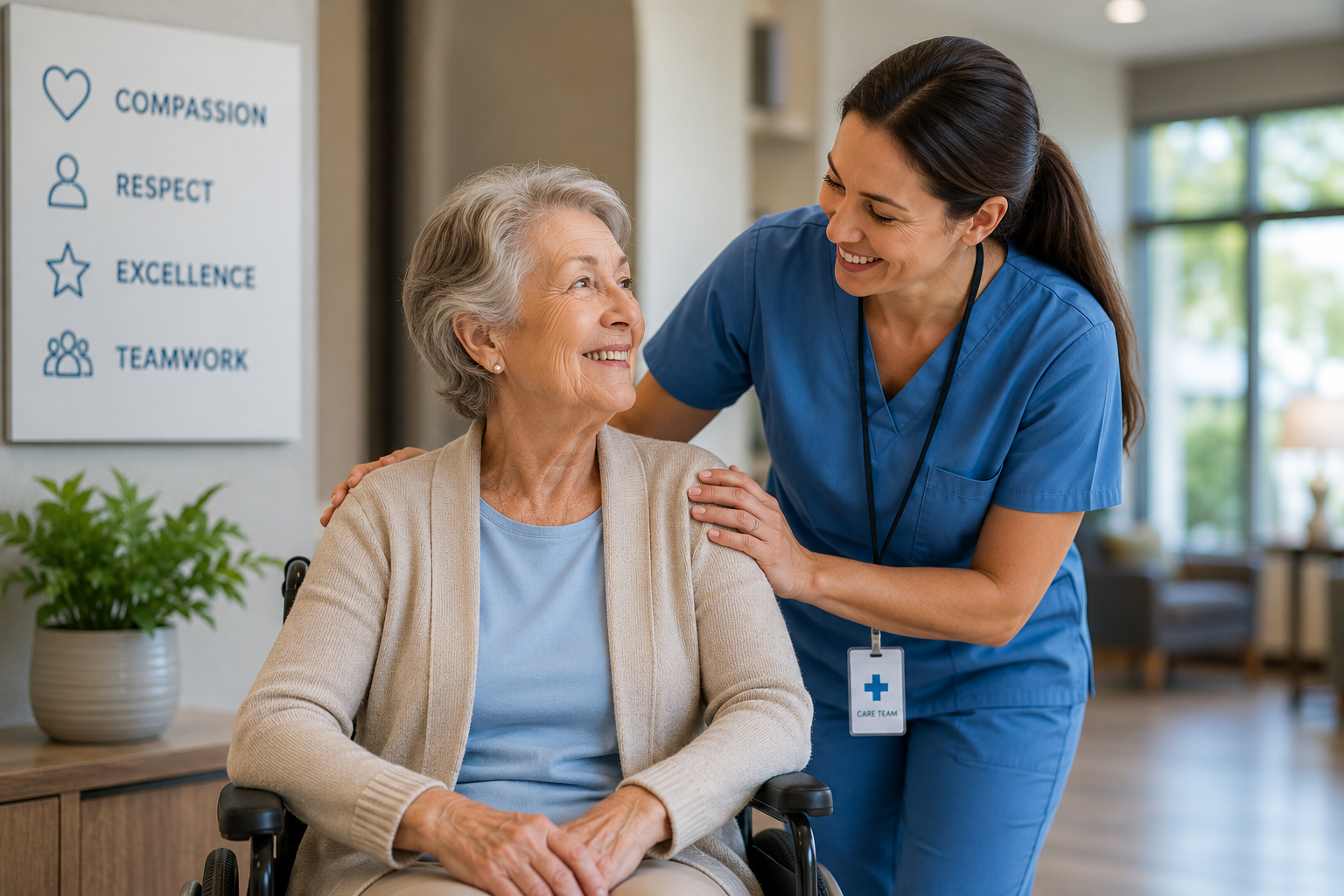 A healthcare worker in blue scrubs smiling and comforting an elderly woman in a wheelchair in a medical facility. There is a plant on a side table and a wall sign with words like compassion, respect, excellence, and teamwork.