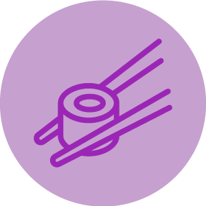 A purple circle background with an illustration of a sushi roll with chopsticks.