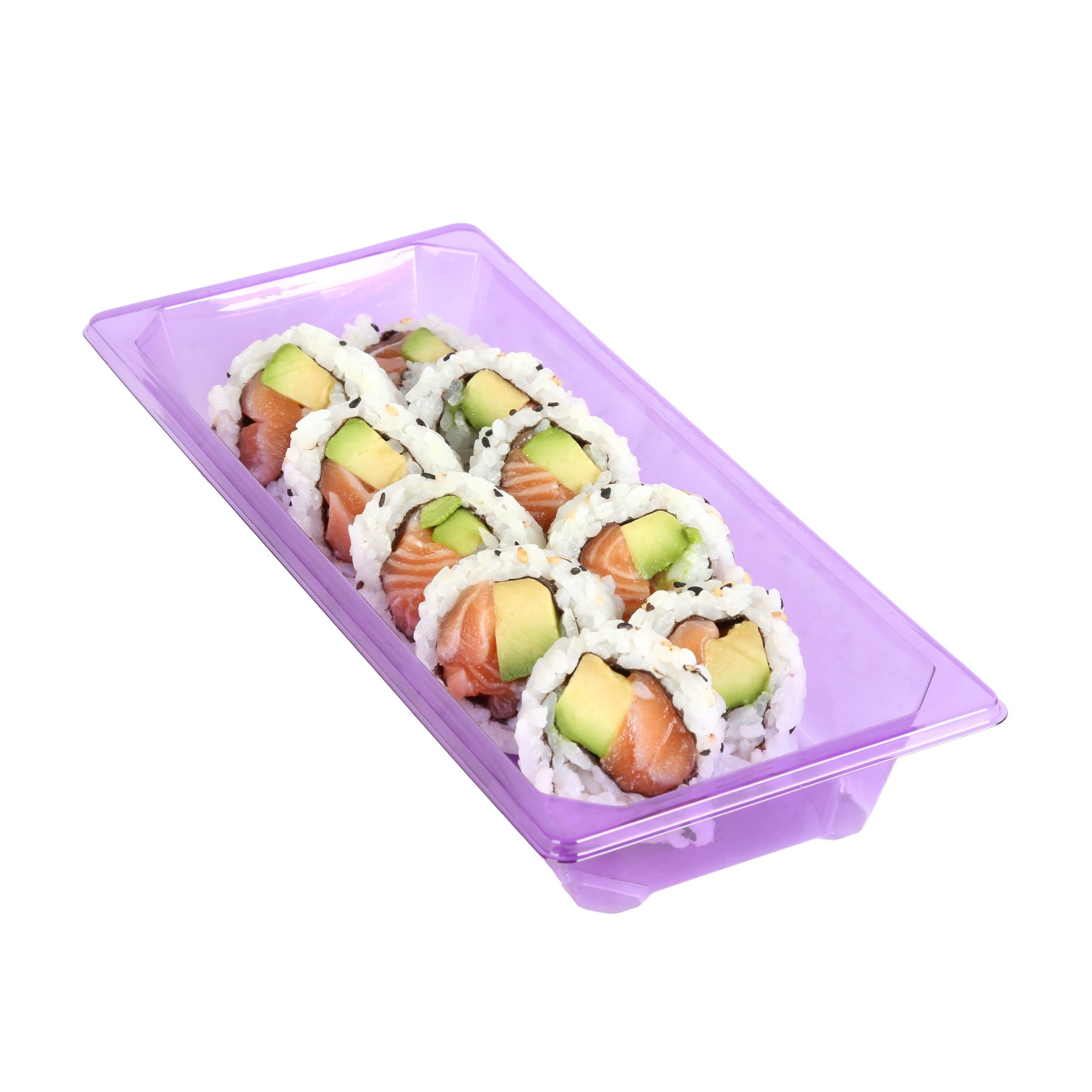 Sushi rolls with salmon, avocado, and rice.