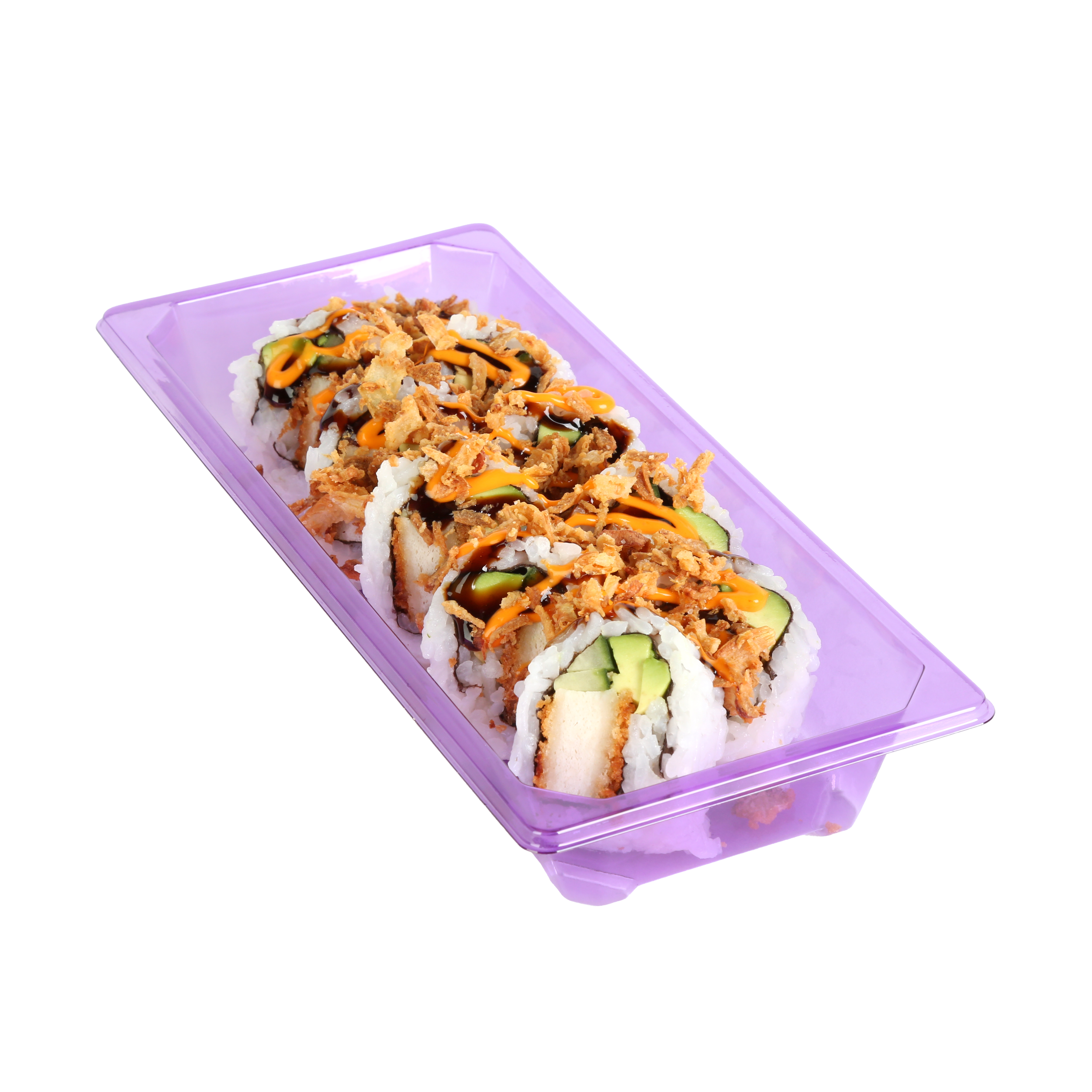 Sushi roll with fishing, avocado, and cucumber in a purple plastic container, topped with sauce, fried onions, and drizzles of sauce.