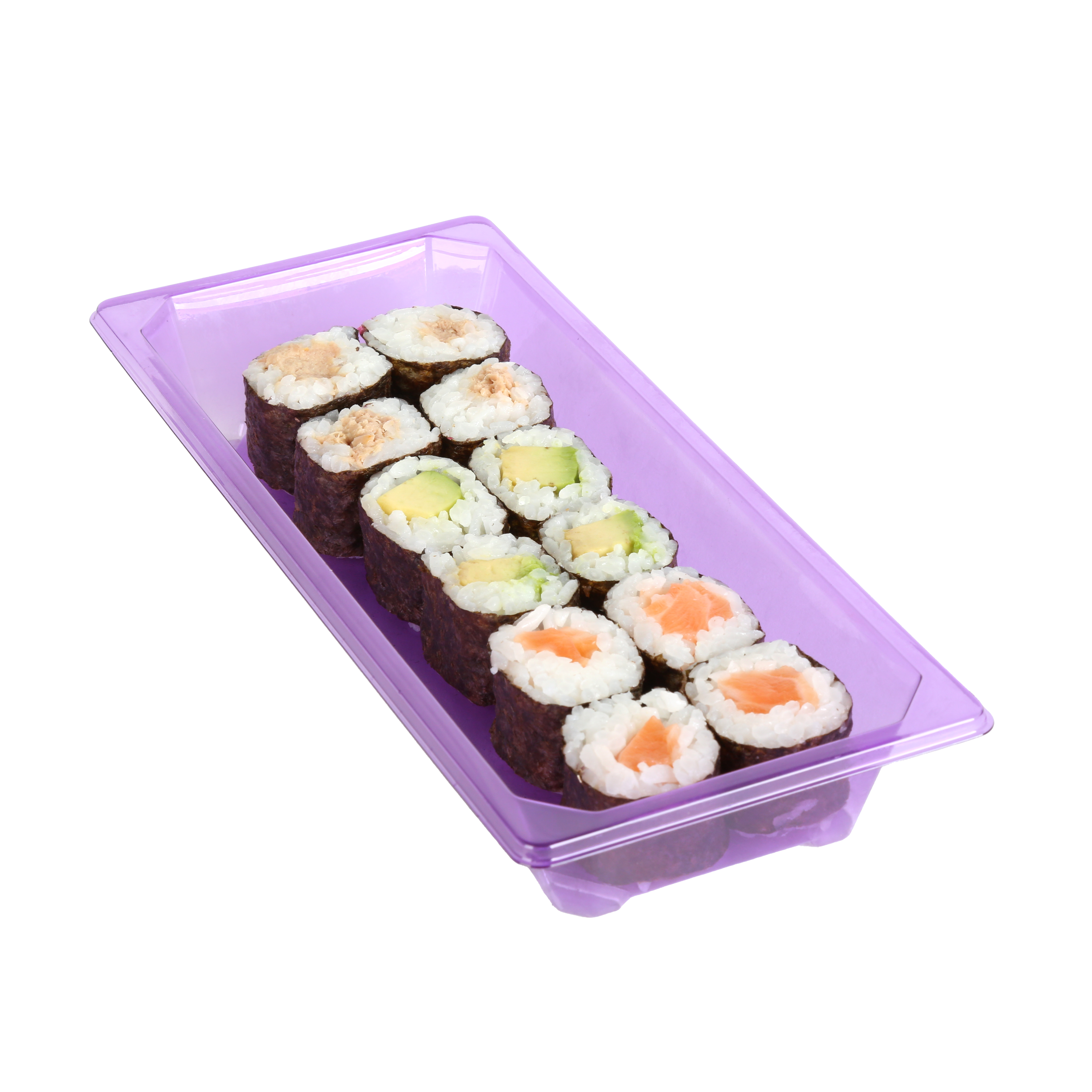 Hoso sushi rolls with various fillings including salmon, avocado, and tuna.