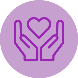 Outline of two hands holding a heart, all in purple, on a lilac circular background.