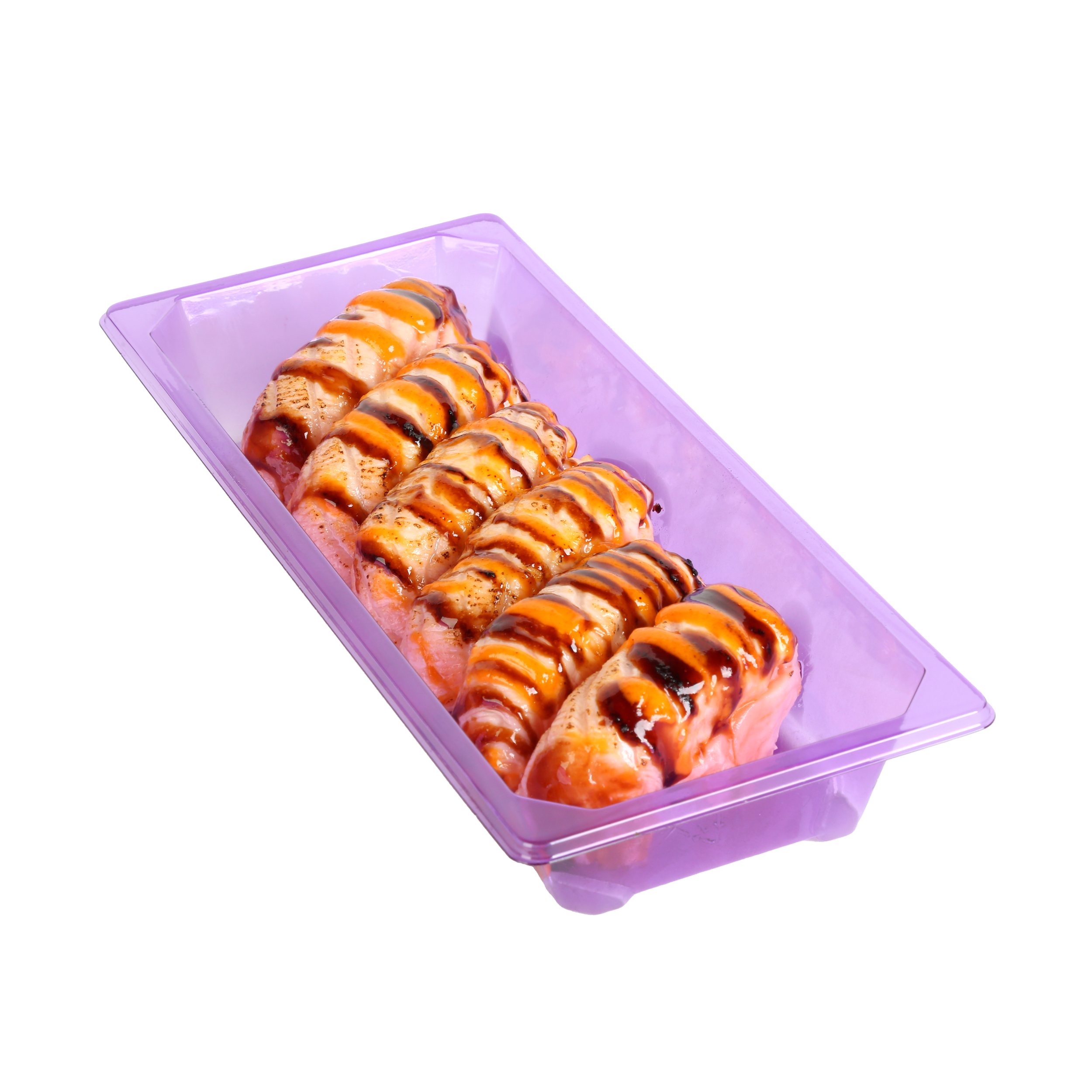 Six pieces of salmon nigiri topped with sushi sauce.