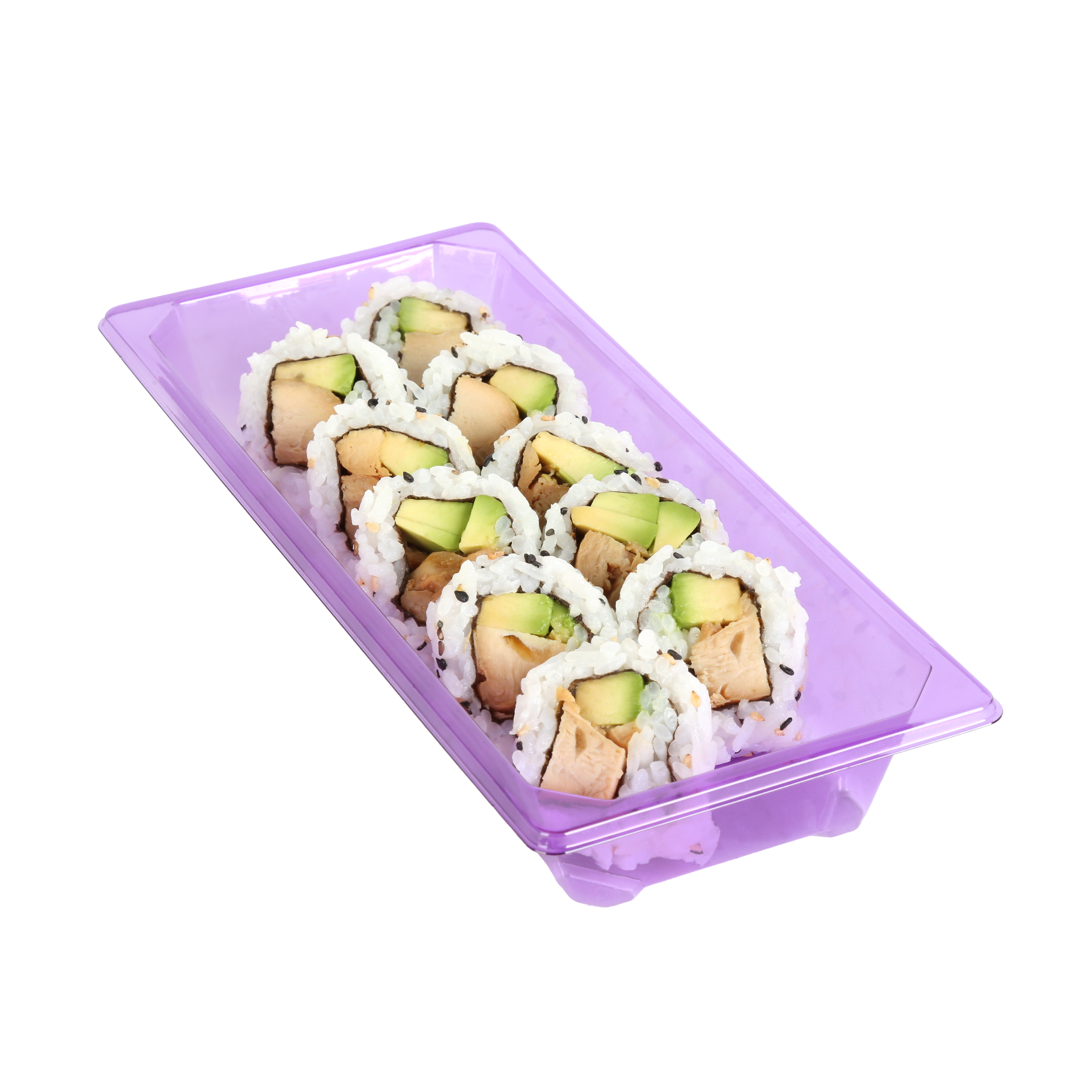Sushi rolls with rice, avocado, and chicken.