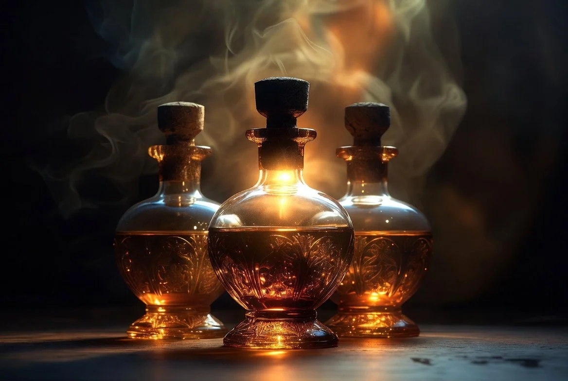 Three glass bottles with cork stoppers, filled with a glowing amber liquid, arranged in a row with the middle bottle in front and behind the other two, emitting warm light and surrounded by swirling smoke.