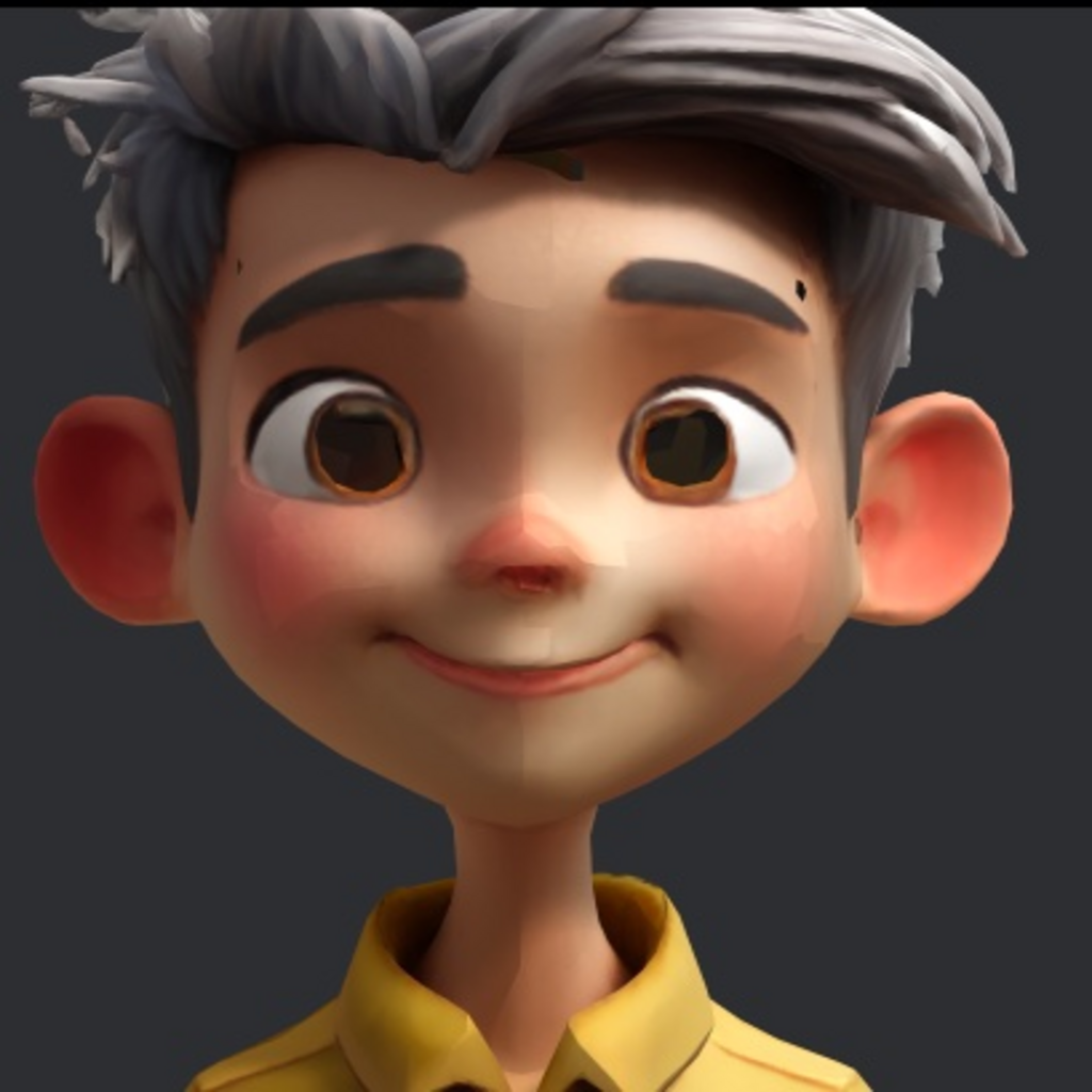 A 3D animated character with gray hair, large ears, and brown eyes, smiling while wearing a yellow shirt.
