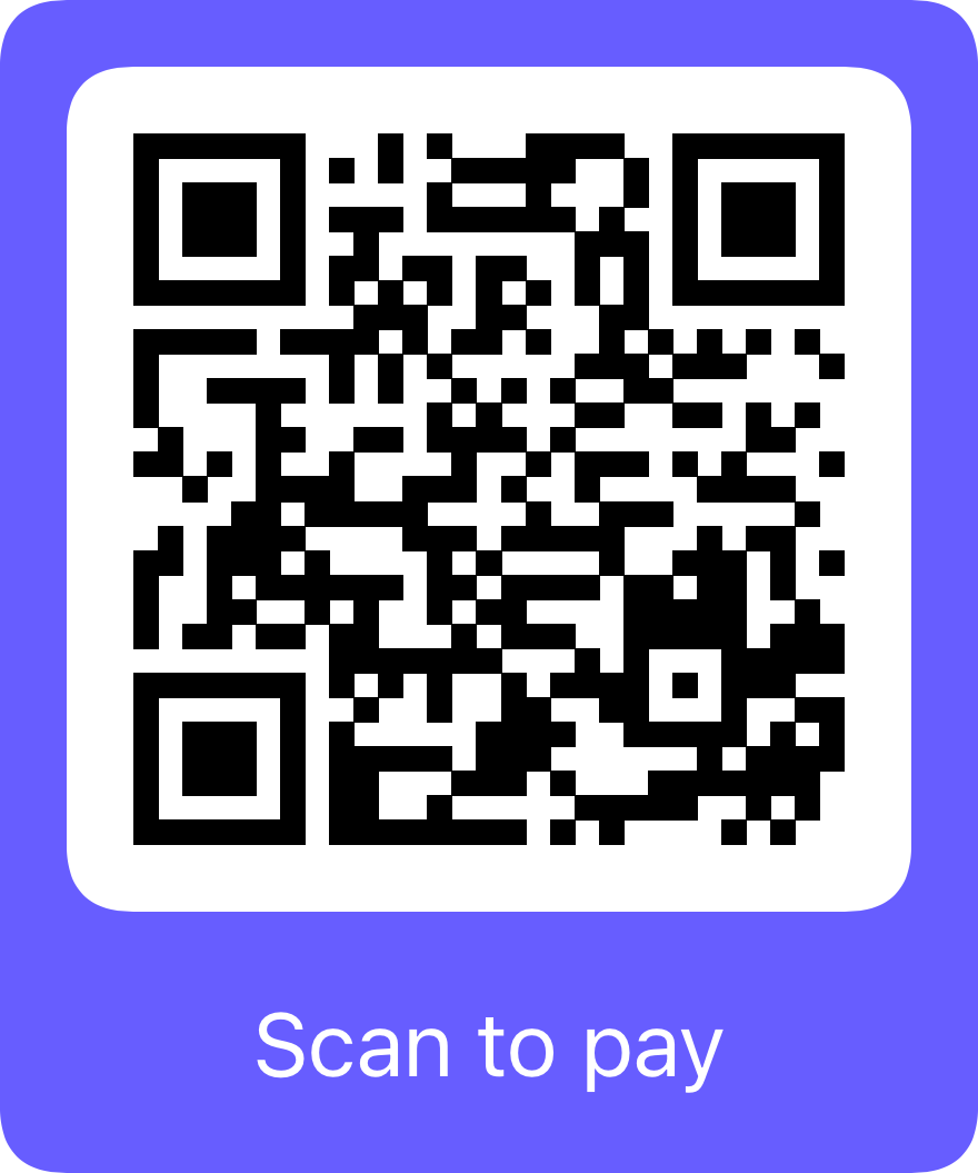 QR code for payment with the text 'Scan to pay' below it on a blue background.