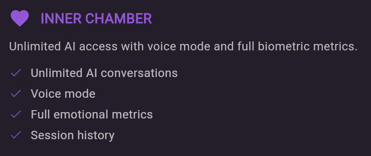 Text describing features of the Inner Chamber, including unlimited AI conversations, voice mode, full emotional metrics, and session history, with purple icons and headings.