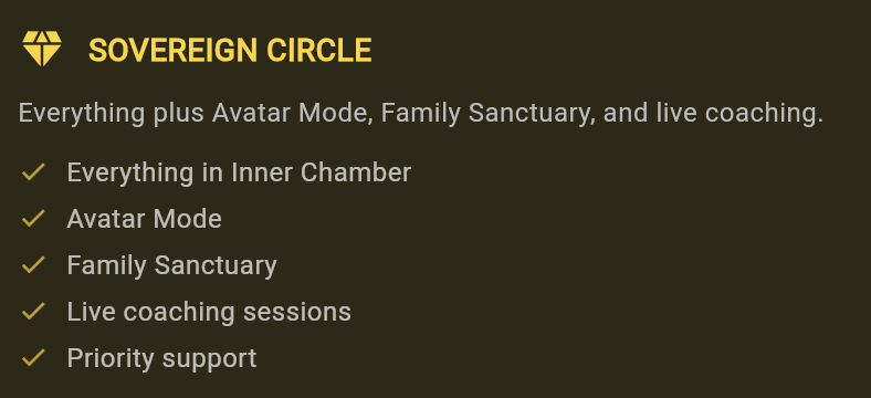 Sovereign Circle promotional text describing features such as Avatar Mode, Family Sanctuary, live coaching, and support, presented on a dark background with yellow and white text.