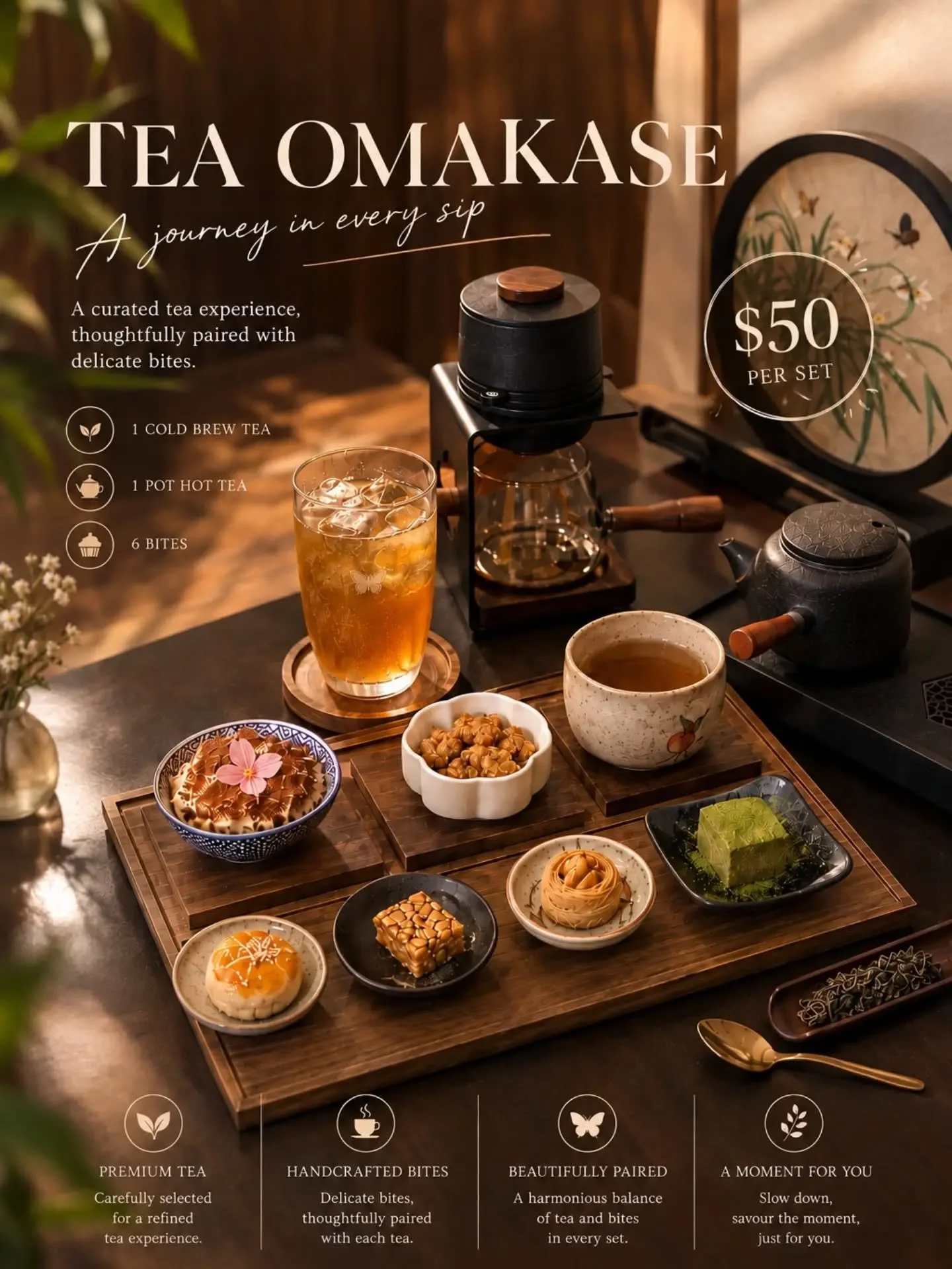 Your date just got an upgrade. 🍵🦋
Meet our $50 Tea Omakase &mdash; a modern Oriental tea experience made for slow afternoons, cute catch-ups and the occasional I deserve something nice moment.

One set takes you through:
🍃 1 Cold Brew Tea
🫖 1 Pot
