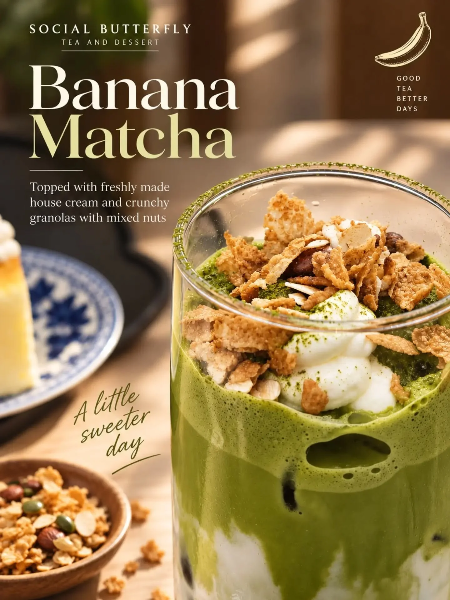 Banana in matcha? Fantastic 😍 
Smooth banana aroma, proper matcha. house cream.
granola + mixed nuts for the crunch.
sounds like a lot. somehow, it just works.

Banana Matcha &mdash; Social Butterfly, Sydney CBD.
.

#highteasydney #SydneyMatcha #Mat