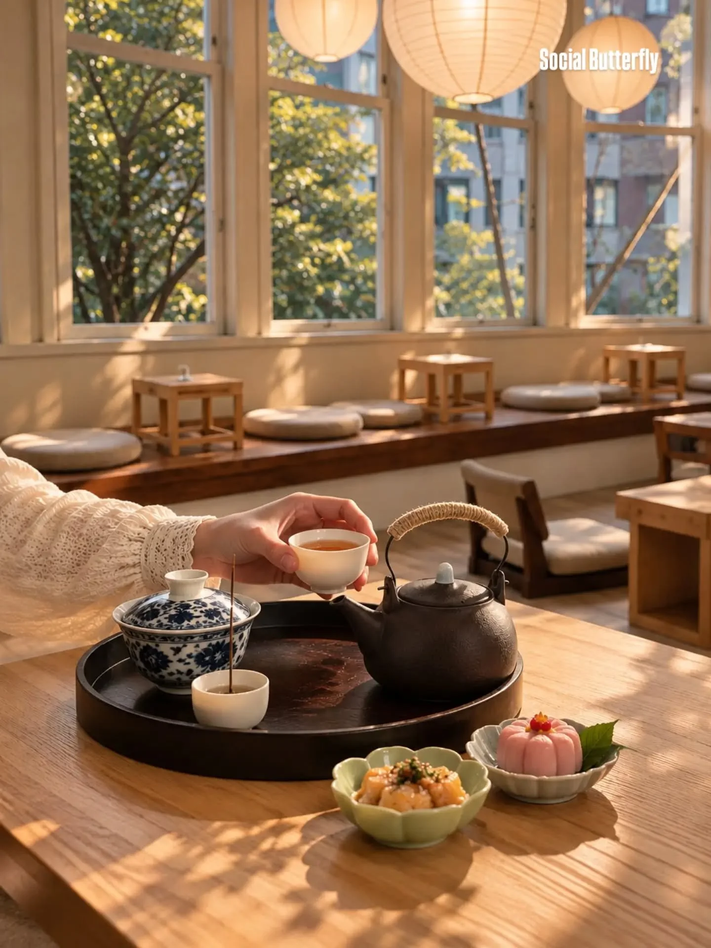 Stealing a moment of peace 🍵 A hidden tea house bathed in light.

Escaping the city buzz for an afternoon. The moment you stepped in, time seemed to slow down. 
Sunlight filtered through the leaves, casting dappled shadows on the wooden table, while