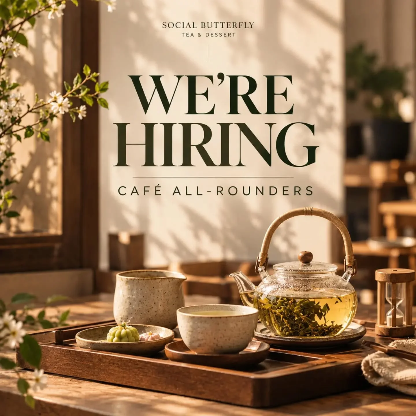 WE&rsquo;RE HIRING 🍵

CAF&Eacute; ALL-ROUNDERS

Social Butterfly Tea &amp; Dessert is looking for reliable all-rounders to join our Sydney CBD team.

Your shifts will include a mix of:
- Serving customers &amp; taking orders
- Making simple drinks
-