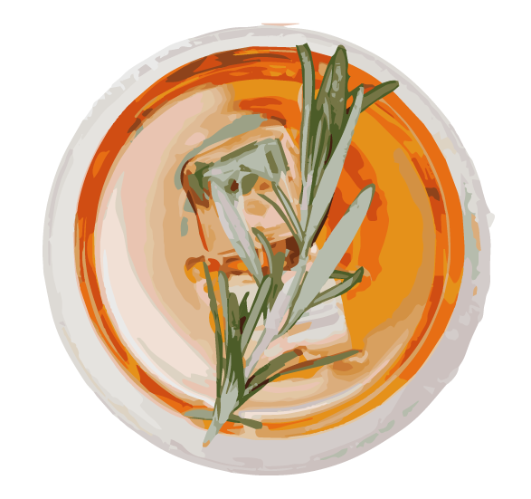 Bowl of soup garnished with fresh herbs