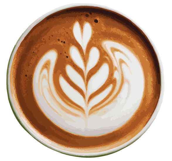 Close-up of a coffee cup with latte art resembling a heart and leaf pattern.