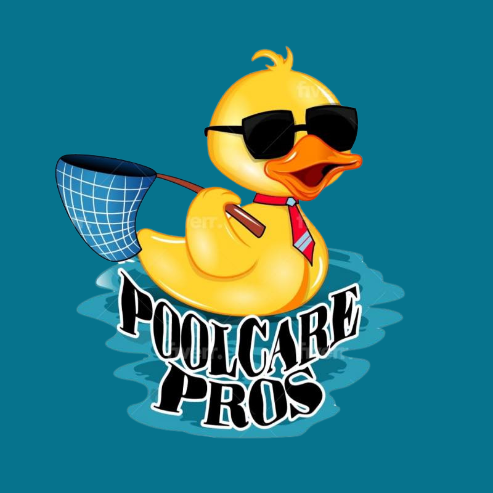 Cartoon rubber duck wearing sunglasses, a red tie, holding a swimming pool net, sitting on water with the text 'Poolcare Pros' beneath.