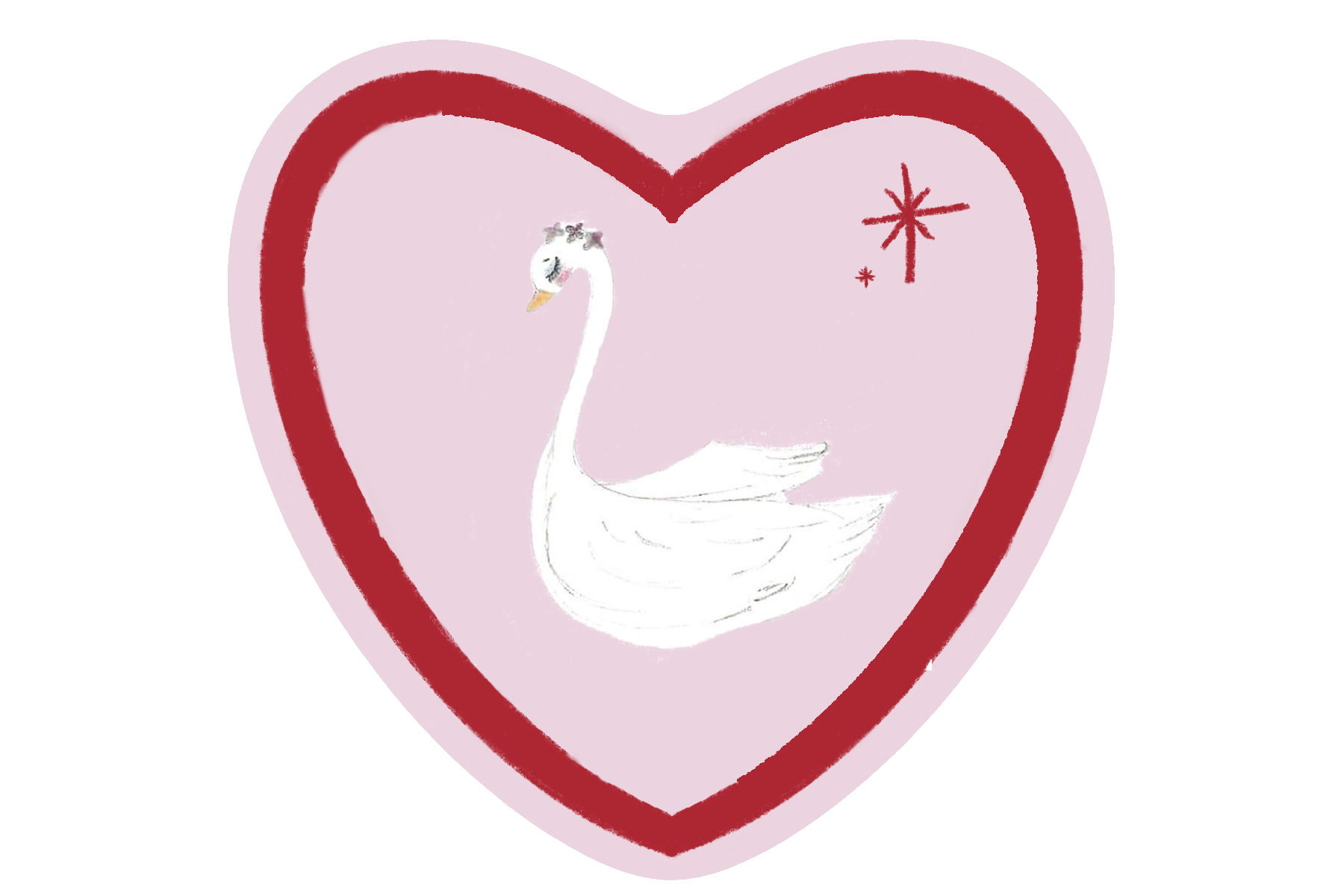 A pink heart-shaped card with red borders featuring a white swan with a floral crown, and simple star and cross decorations.