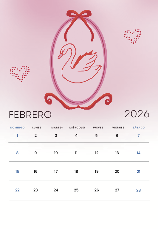 February 2026 calendar page with a pink background, featuring a decorative swan and hearts, and the dates from February 1 to 28.