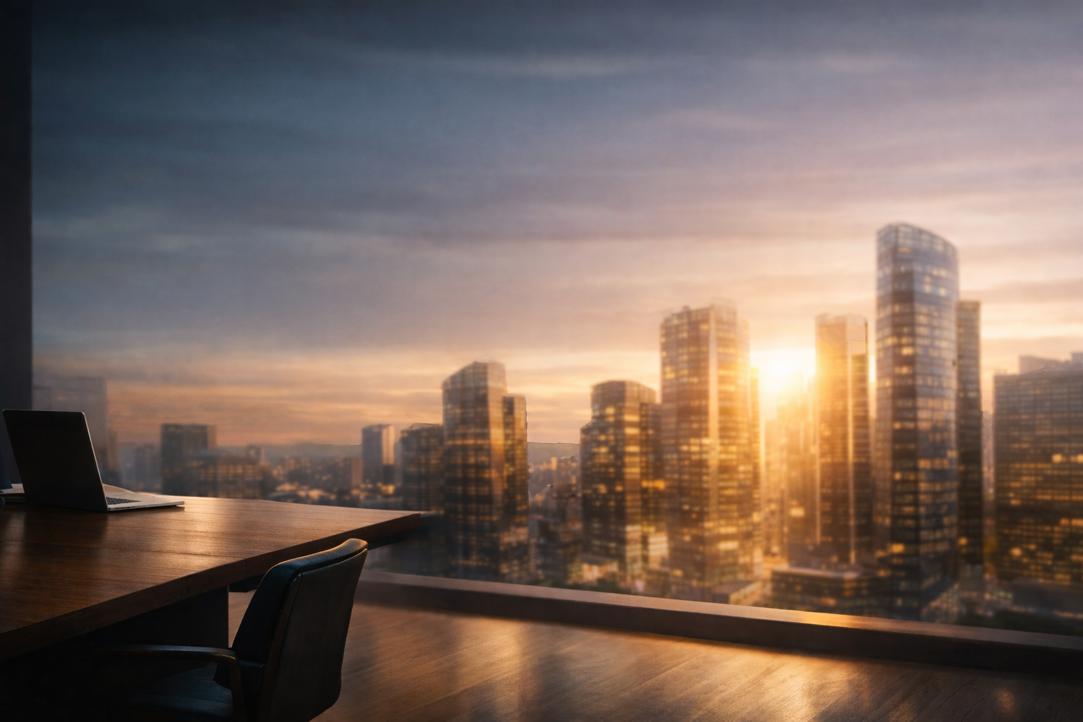 An office with a desk and chair in front of a large window showing a city skyline at sunset.